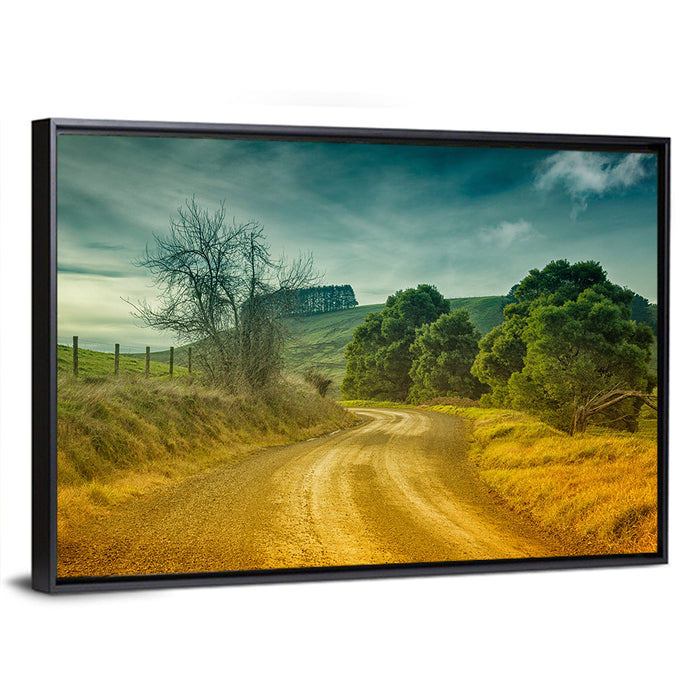 Golden Country Road Wall Art as a framed canvas