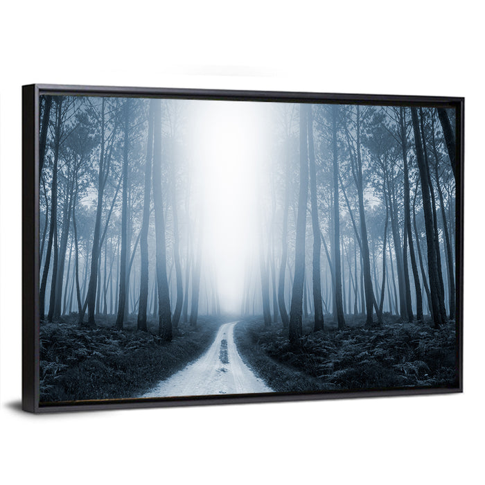 Misty Forest Road at Twilight Wall Art as a framed canvas