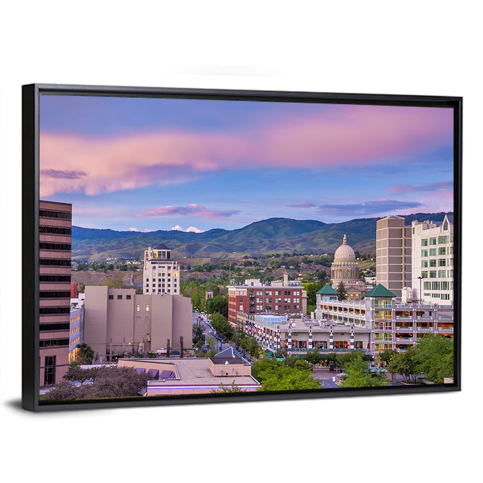 Boise Downtown at Golden Hour Wall Art as a framed canvas
