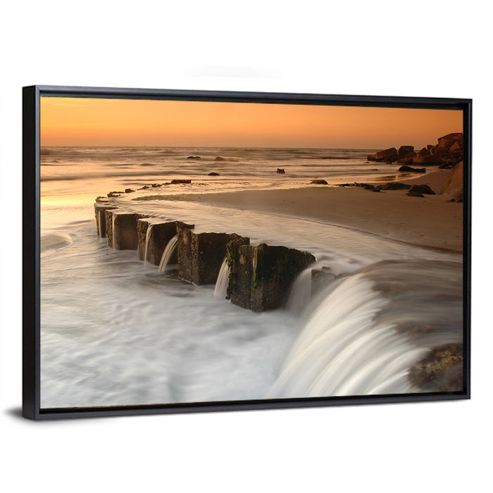 Breakwater at Golden Hour Wall Art as a framed canvas