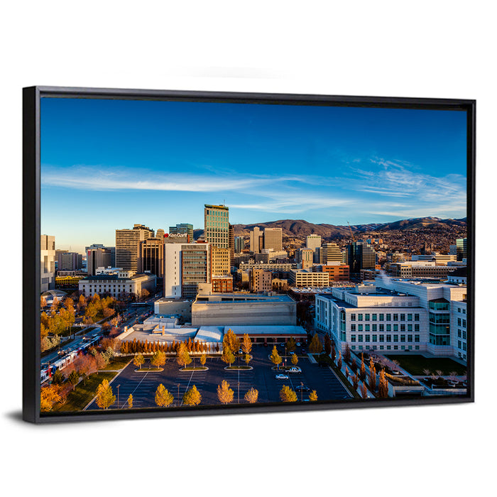 Salt Lake City Skyline at Golden Hour Wall Art as a framed canvas