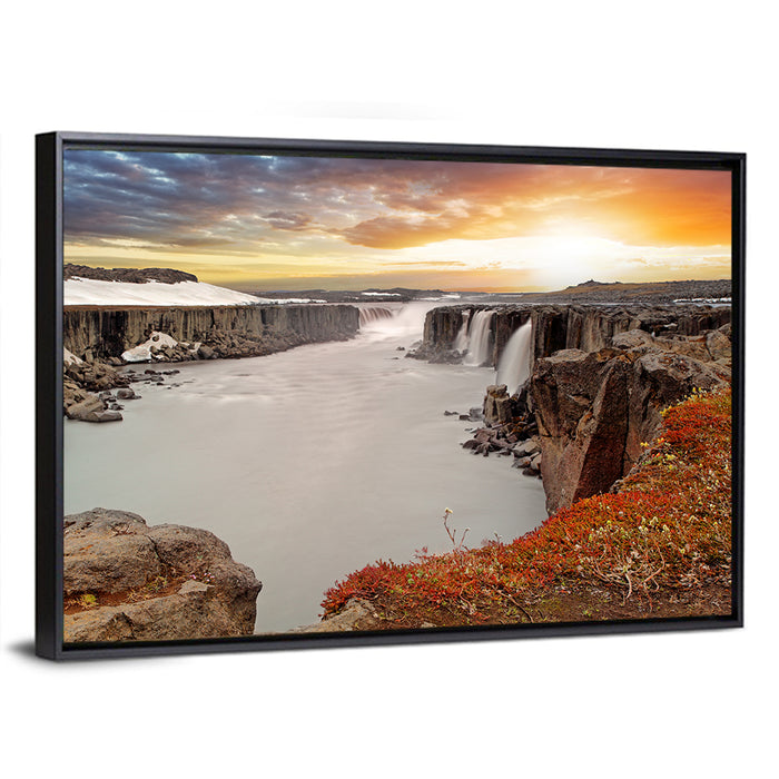 Selfoss Waterfall at Sunset Wall Art as a framed canvas
