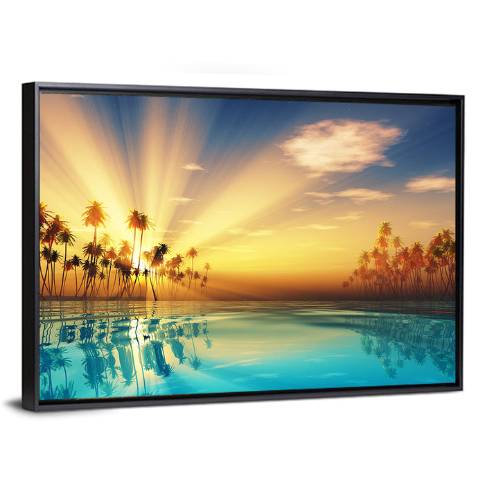 Turquoise Sunset Over Palm Island Wall Art as a framed canvas