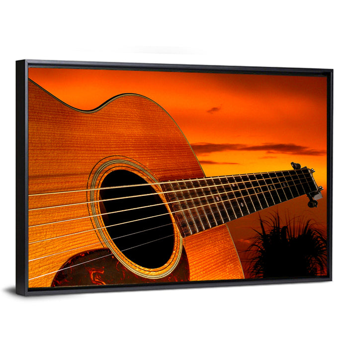 Sunset Acoustic Guitar Silhouette Wall Art as a framed canvas
