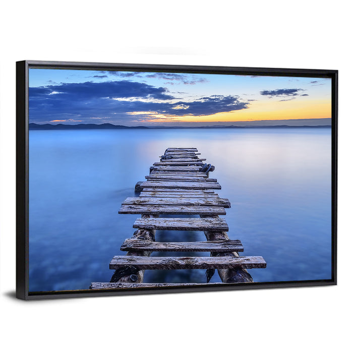 Weathered Lake Pier at Dusk Wall Art as a framed canvas
