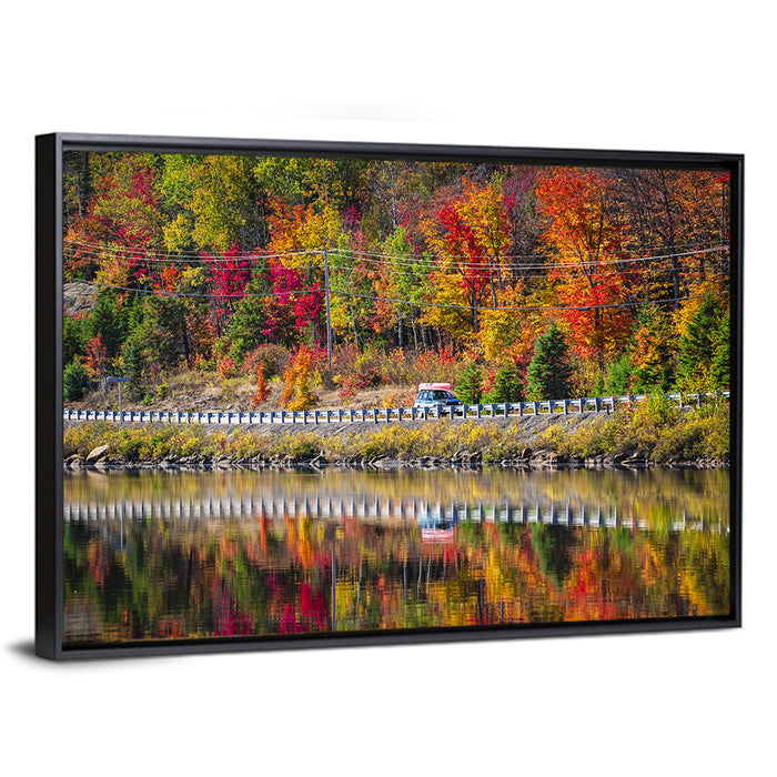 Algonquin Highway 60 Autumn Reflection Wall Art as a framed canvas