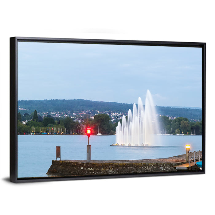 Lake Zurich Fountain at Dusk Wall Art as a framed canvas