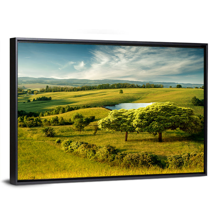 Rolling Hills with Pond Wall Art as a framed canvas