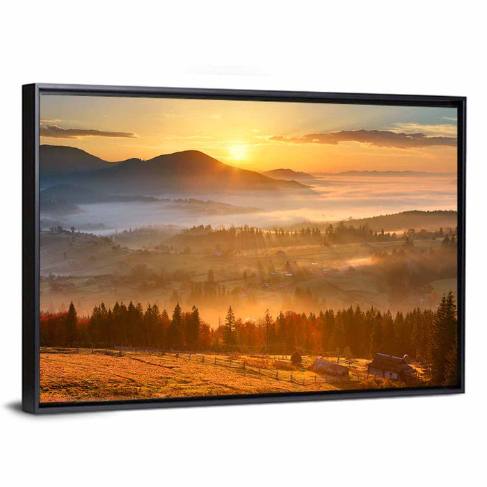 Mountain Village Sunrise Wall Art as a framed canvas