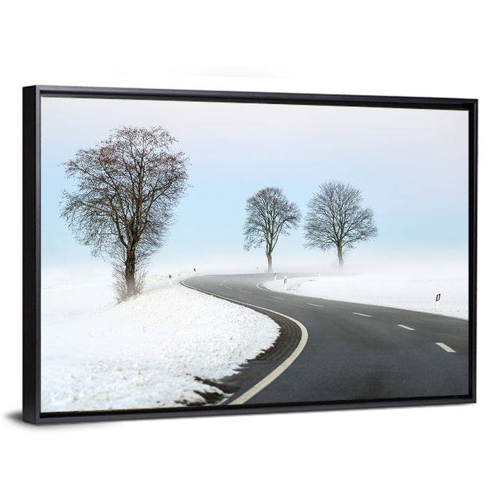 Foggy Winter Road Wall Art as a framed canvas