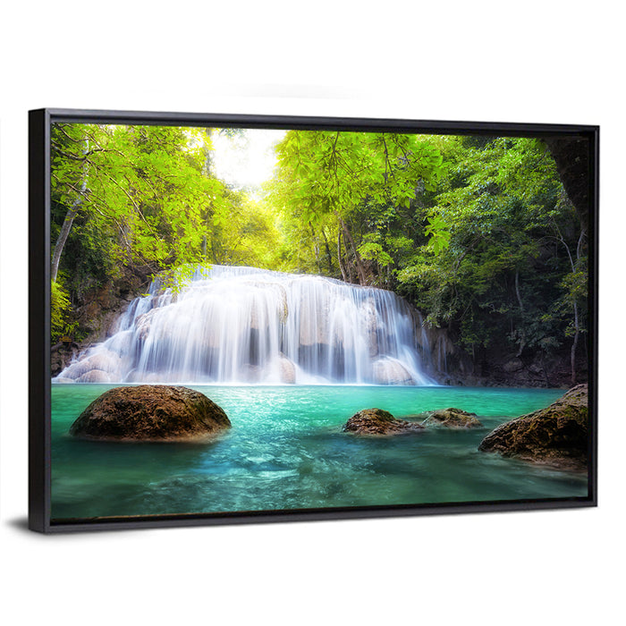 Erawan Falls Turquoise Waterfall Wall Art as a framed canvas