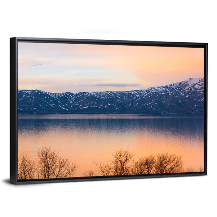 Lake Sevan Golden Dusk Wall Art as a framed canvas