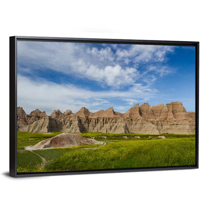 Badlands Meadow and Rock Formations Wall Art as a framed canvas