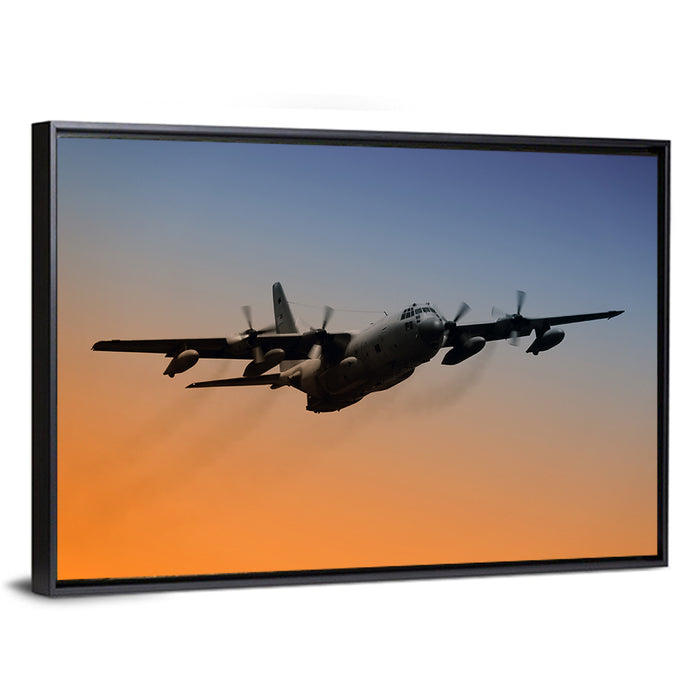 Four-engine Military Transport at Dusk Wall Art as a framed canvas