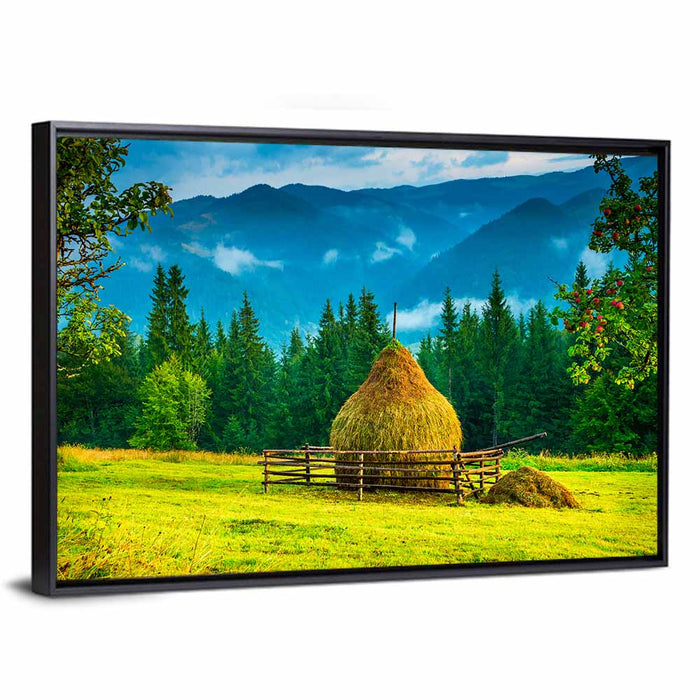 Haystack in Mountain Meadow Wall Art as a framed canvas