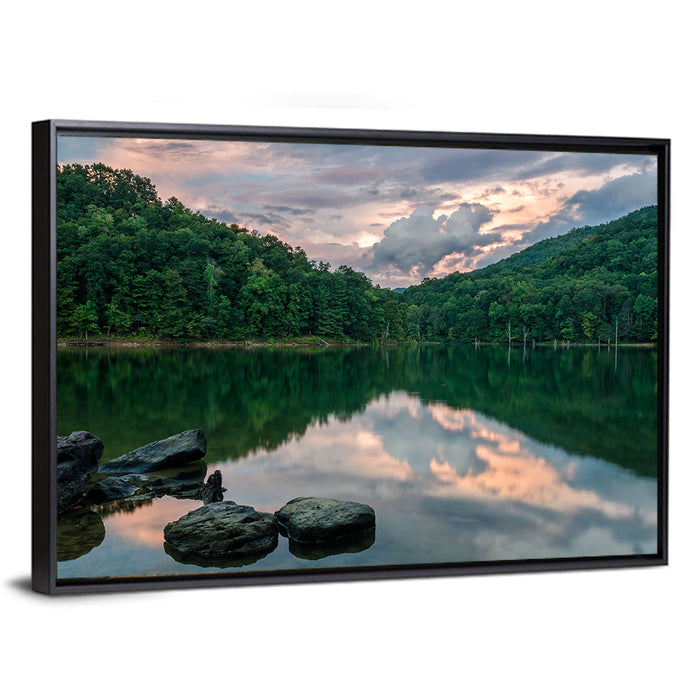 Martins Fork Lake Sunset Wall Art as a framed canvas