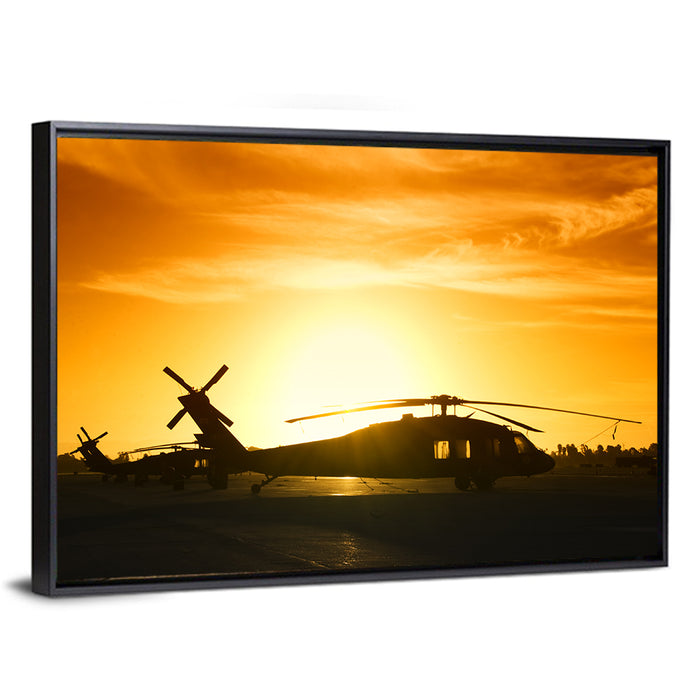 Helicopter Squadron at Sunset Wall Art as a framed canvas