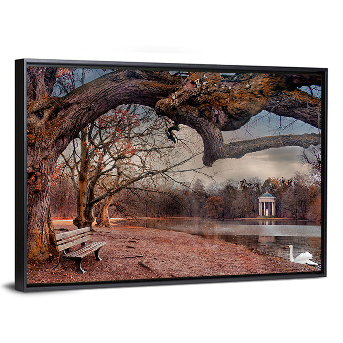 Autumn Pavilion with Swan Wall Art as a framed canvas