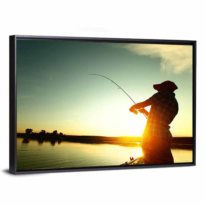 Sunset Fisherman Silhouette Wall Art as a framed canvas