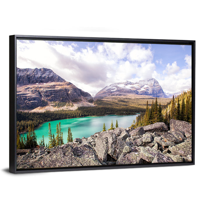 Lake Ohara Rocky Shore Wall Art as a framed canvas