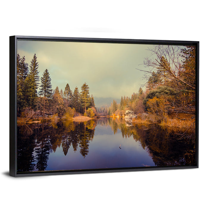 Misty Lake Fulmor Reflection Wall Art as a framed canvas