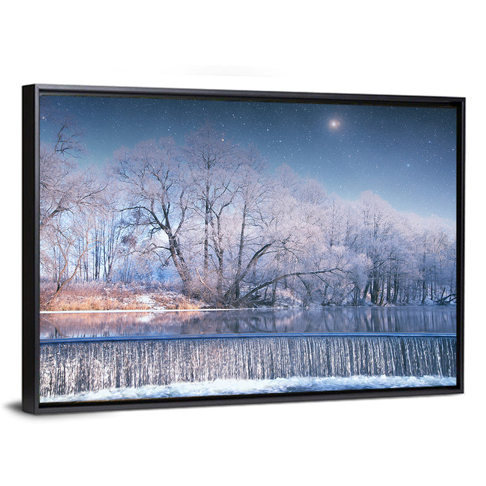 Starlit Winter Waterfall Wall Art as a framed canvas