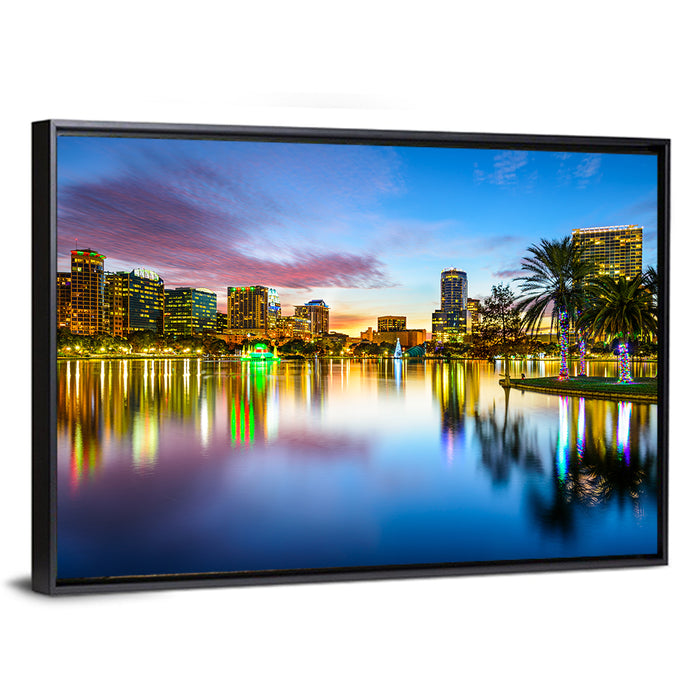 Orlando Lake Eola Skyline Wall Art as a framed canvas