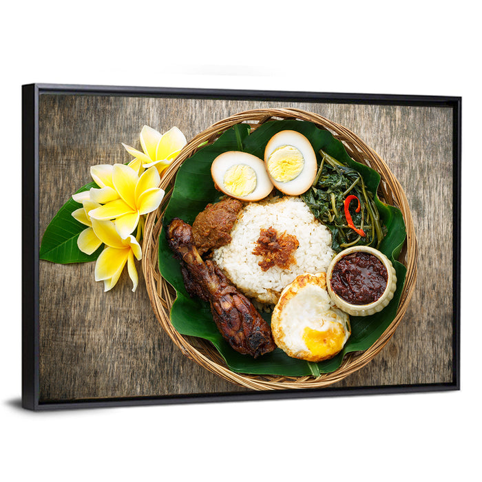 Nasi Campur in Woven Basket Wall Art as a framed canvas
