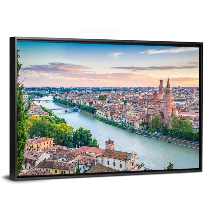 Verona Riverbend at Golden Hour Wall Art as a framed canvas