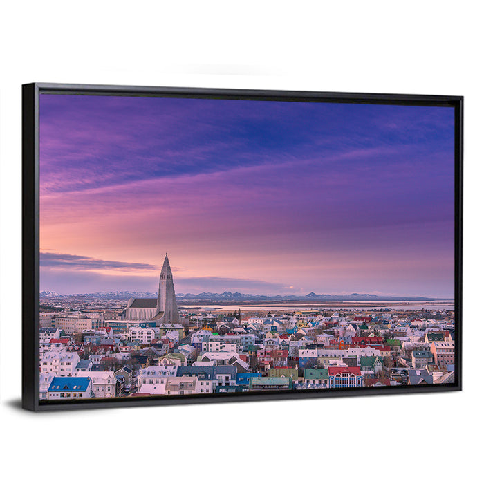 Dawn Over Reykjavik Wall Art as a framed canvas