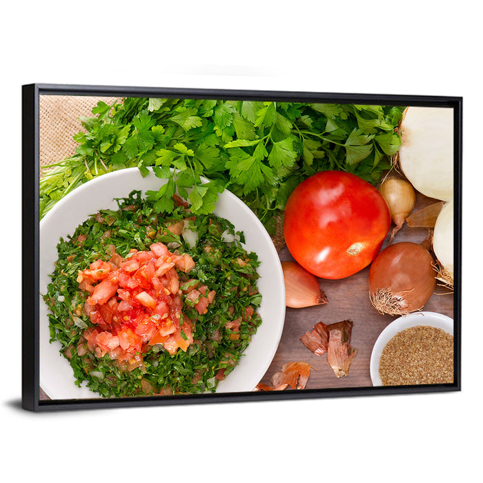 Top-down Tabbouleh Salad Wall Art as a framed canvas