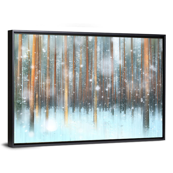 Ethereal Snowy Pine Forest Wall Art as a framed canvas