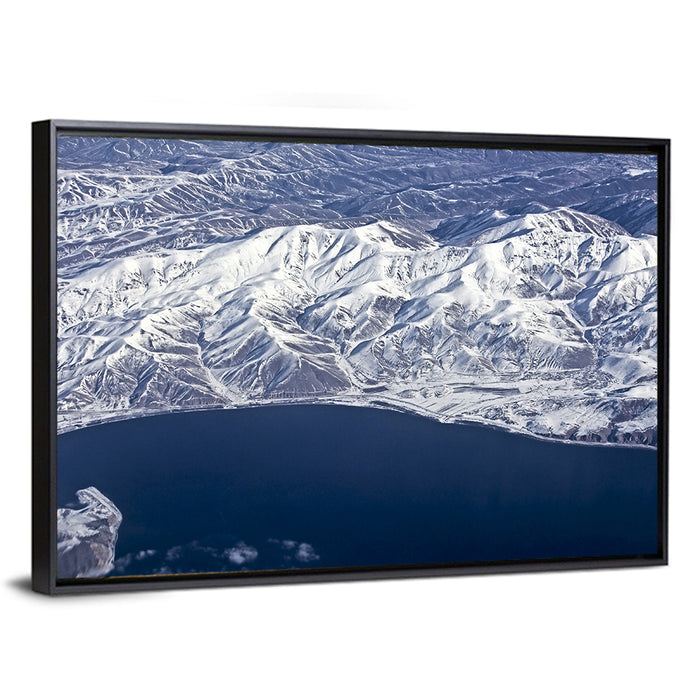 Lake Sevan Aerial Winter View Wall Art as a framed canvas