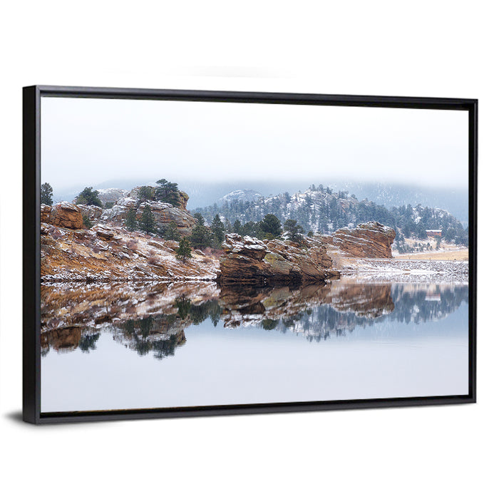 Marys Lake Foggy Reflection Wall Art as a framed canvas