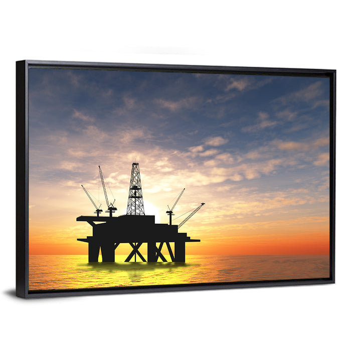 Sunset Oil Rig Silhouette Wall Art as a framed canvas