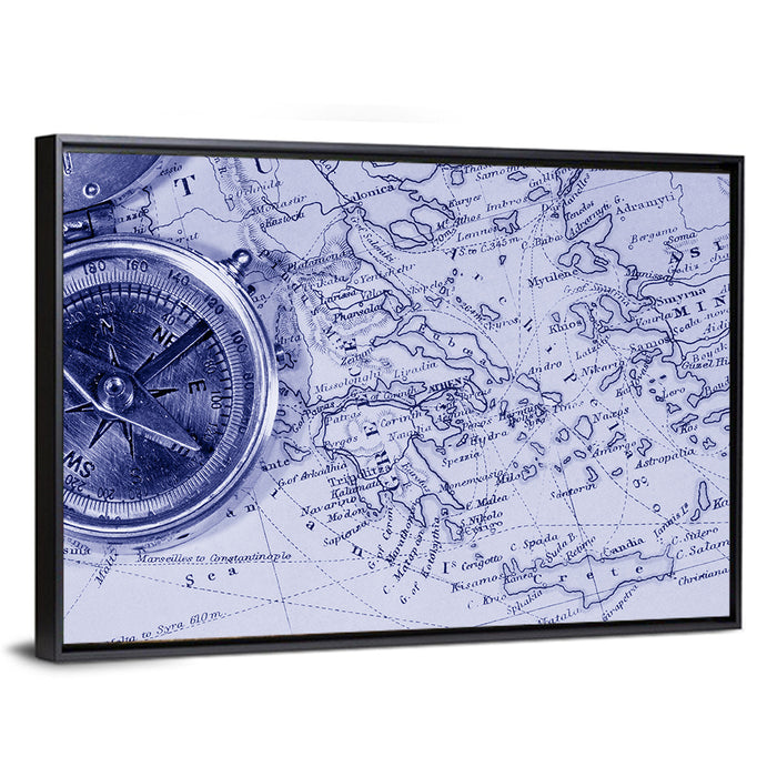 Aegean Nautical Map with Compass Wall Art as a framed canvas