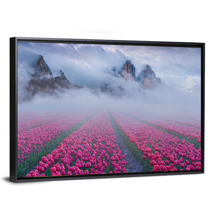 Misty Pink Tulip Field Wall Art as a framed canvas