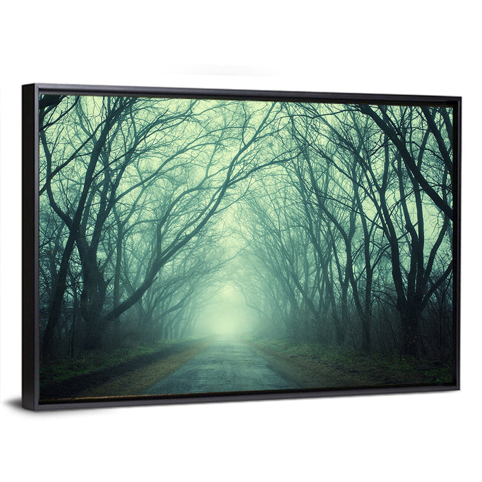 Foggy Forest Pathway Wall Art as a framed canvas