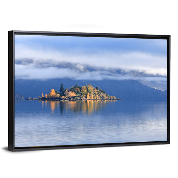 Misty Wanaka Island Reflection Wall Art as a framed canvas