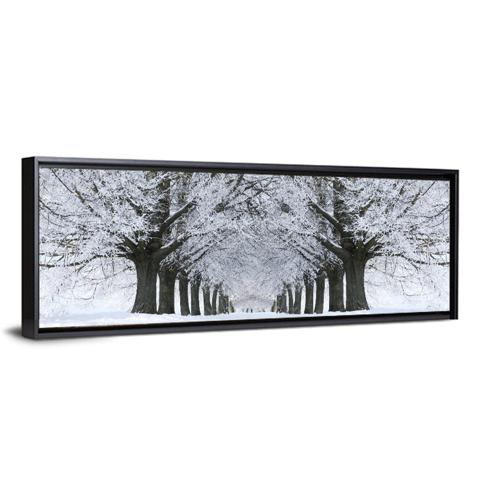 Snow-covered Tree Alley Wall Art as a framed canvas