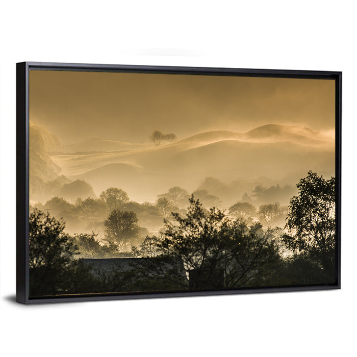 Bronze Morning Mist Over Hills Wall Art as a framed canvas