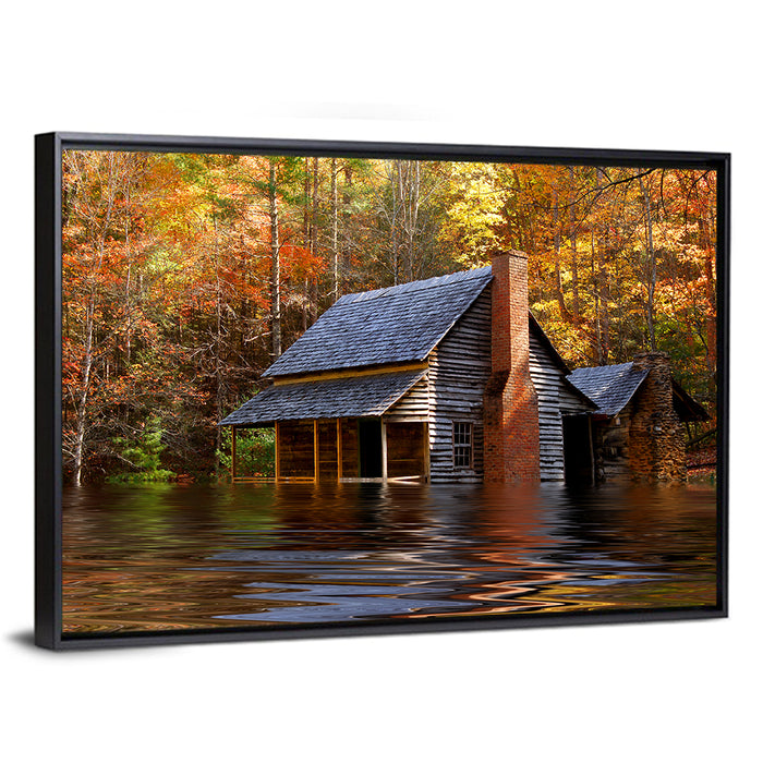Autumn Flooded Log Cabin Wall Art as a framed canvas