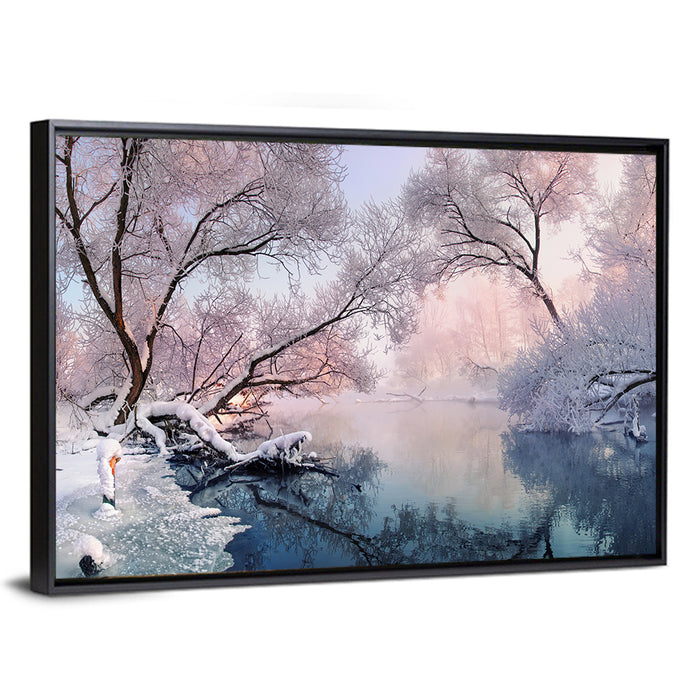 Snowy Lake Morning Mist Wall Art as a framed canvas