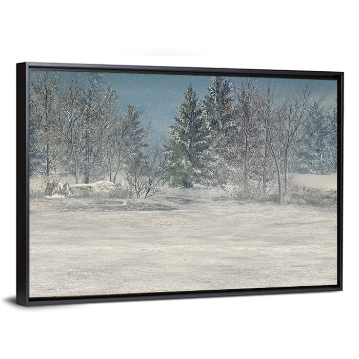 Snow-covered Forest Field Wall Art as a framed canvas