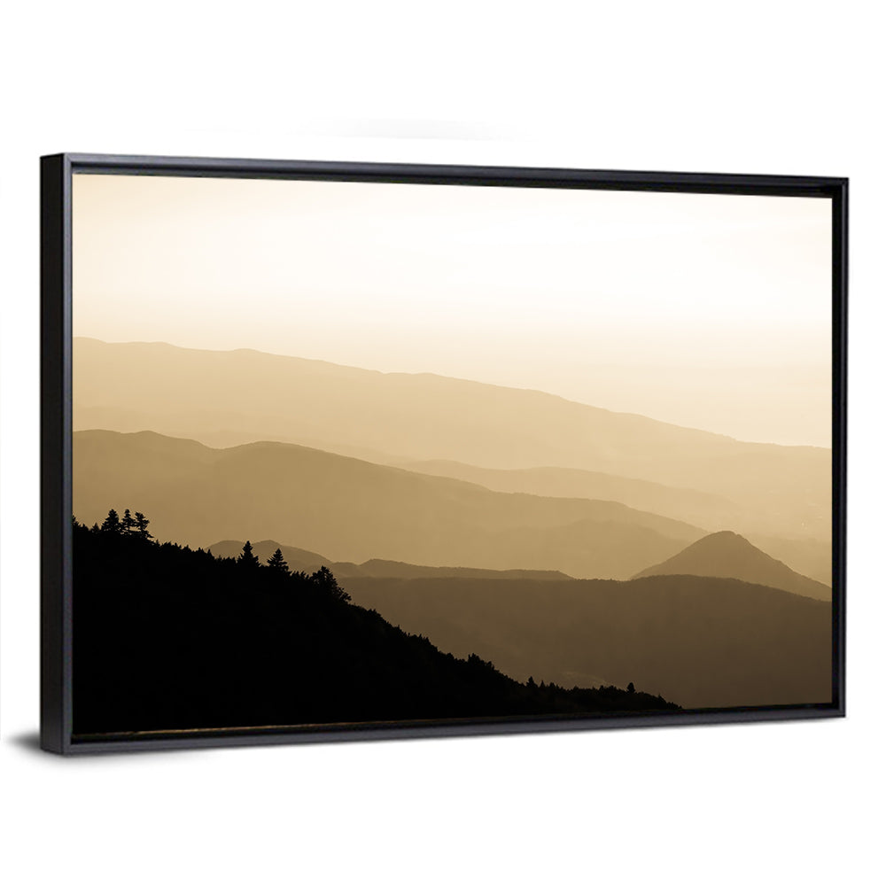 Foggy Mountain Sunset with Evergreen Silhouettes Wall Art in a room, landscape