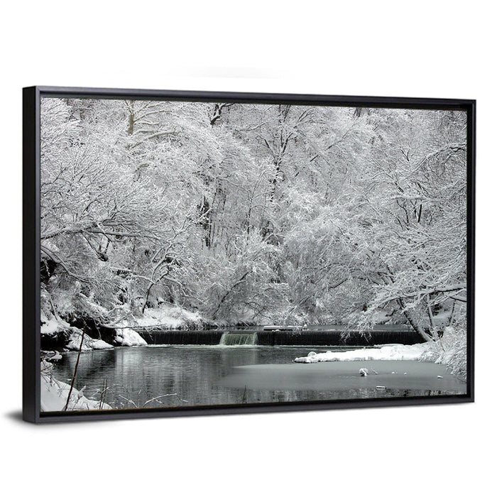 Fairmount Park Winter Spillway Wall Art as a framed canvas