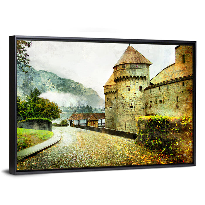 Autumn Approach to Chillon Castle Wall Art as a framed canvas