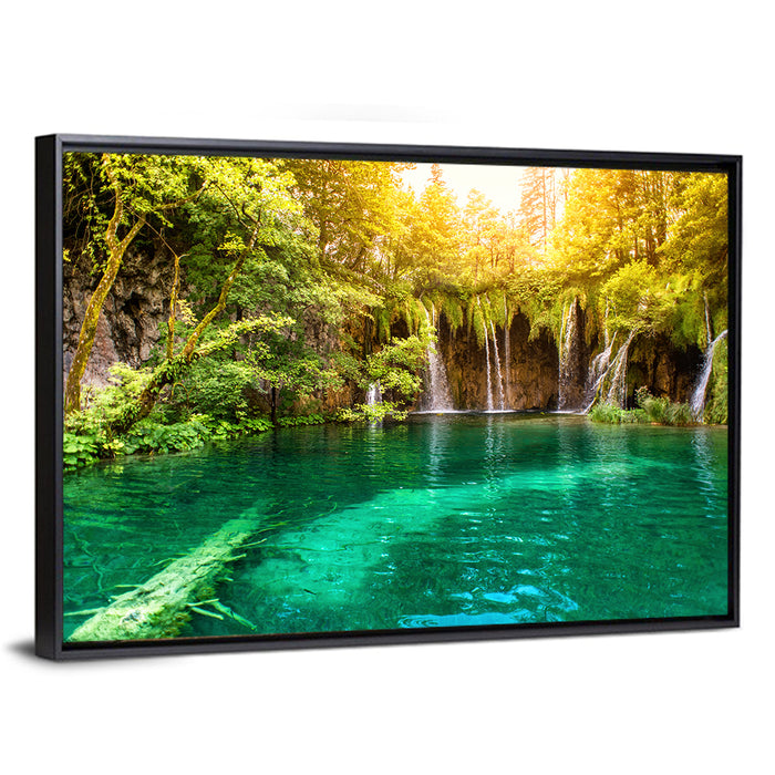 Plitvice Lake Waterfall Wall Art as a framed canvas