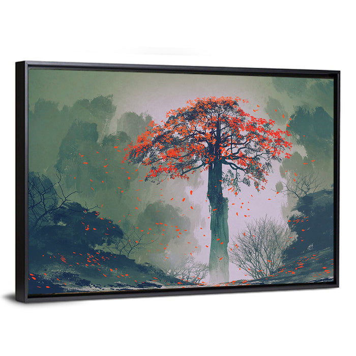 Red Autumn Tree Wall Art as a framed canvas