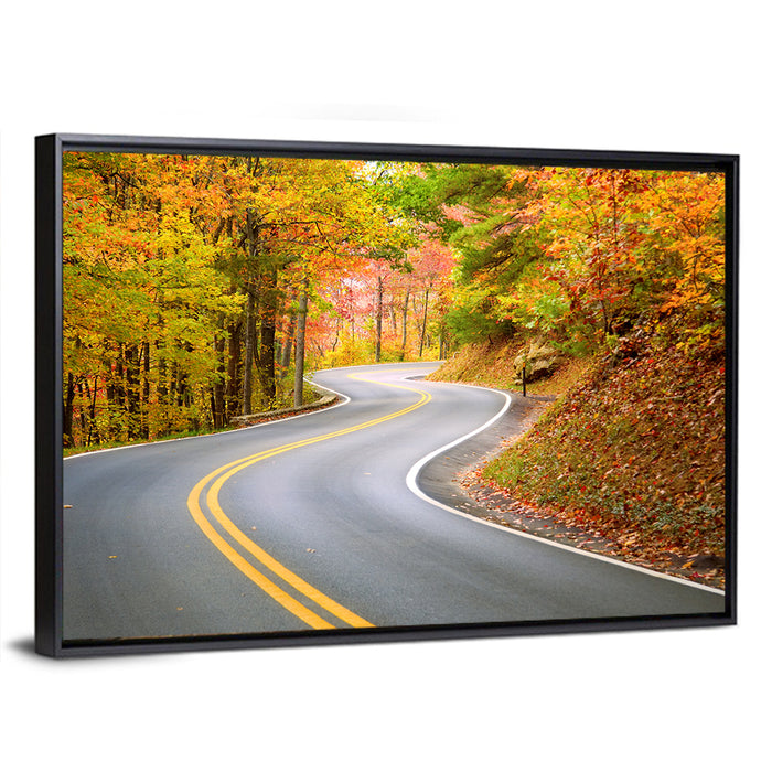 Winding Autumn Road Wall Art as a framed canvas